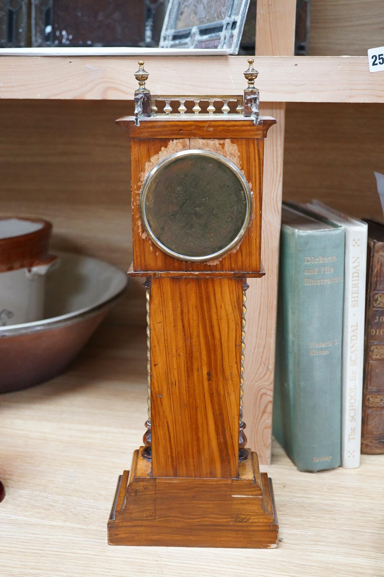 A miniature olivewood longcase timepiece with thermometer, 46cm high